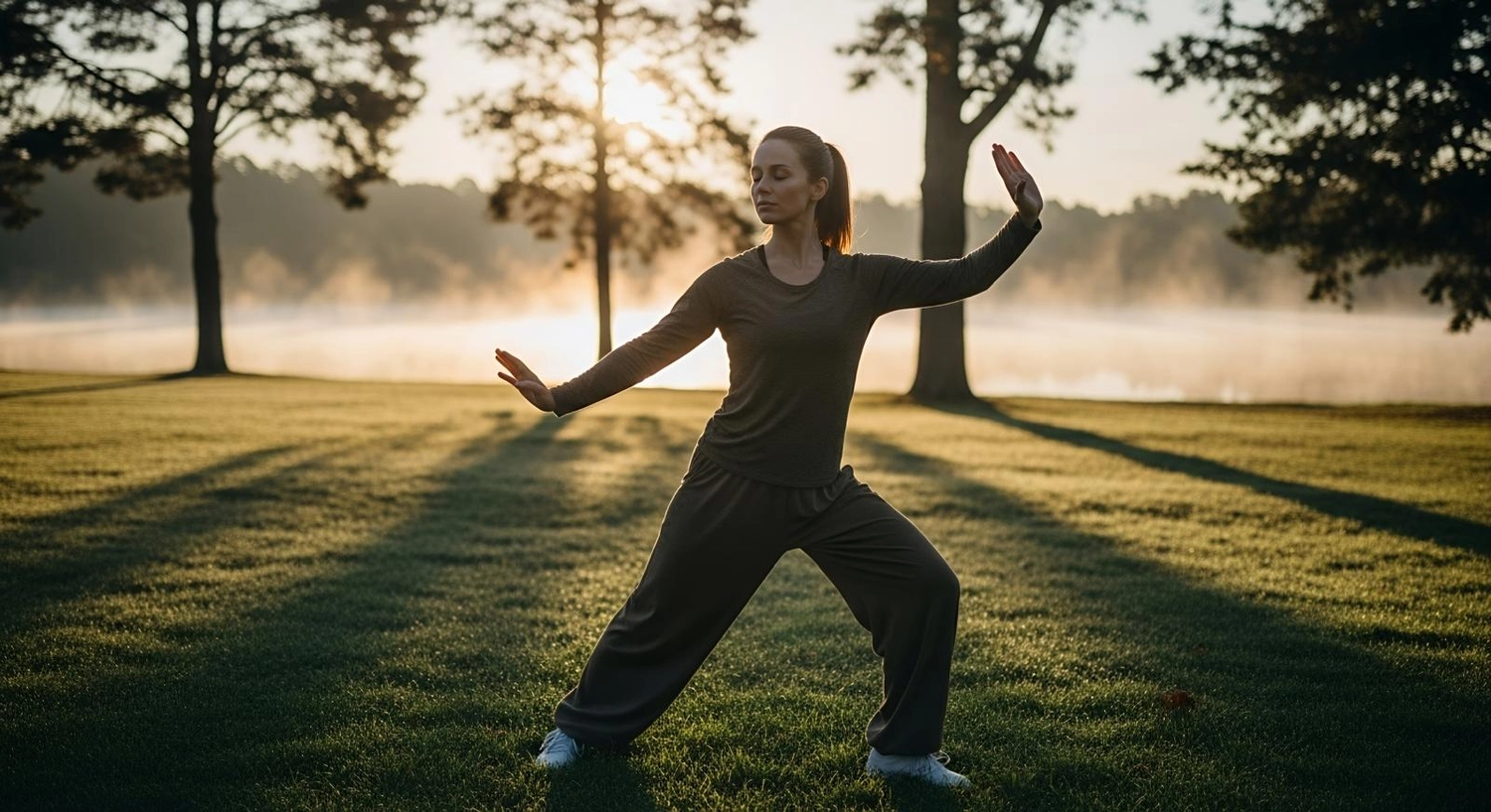 Physiotherapie Claudine König - Heilpraktikerin Physiotherapie - Eine Frau übt Tai Chi in einem Park im Morgengrauen; Sonnenlicht fällt durch die Bäume, im Hintergrund liegt Nebel über einem See.