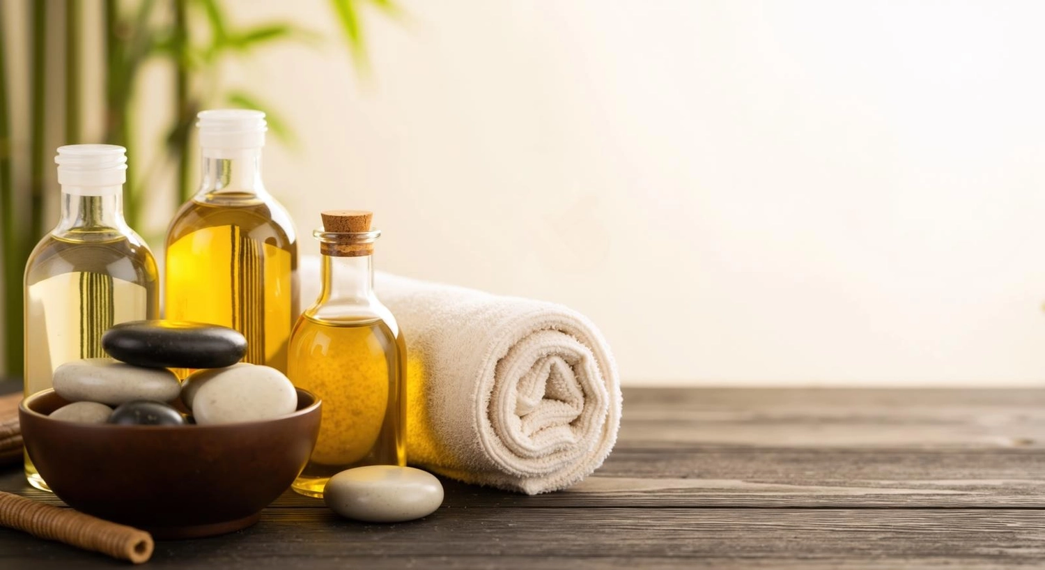 Physiotherapie Claudine König - Heilpraktikerin Physiotherapie - Ein Arrangement im Spa-Stil mit Glasflaschen Massageöl, einem zusammengerollten weißen Handtuch und dunklen Basaltsteinen vor einem verschwommenen Bambushintergrund.